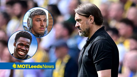 Daniel Farke, Wilfried Gnonto and Joel Piroe of Leeds United.