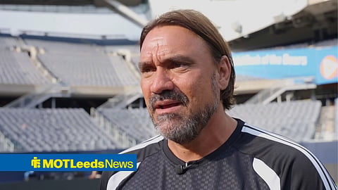 Leeds United manager Daniel Farke speaking in a post-match interview at Chicago Stadium after beating Liverpool