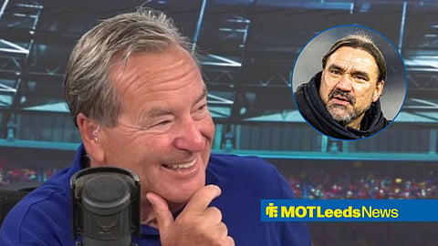 Jeff Stelling speaking on talkSPORT as Leeds United boss Daniel Farke lies in a circular inset to the right.