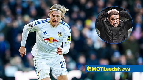 Daniel Farke with hands on head in circular inset with Sebastiaan Bornauw running with head down in action for Leeds United
