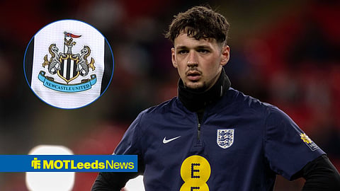 James Trafford warming up for England and Newcastle badge in circular inset