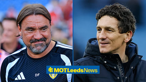 Leeds United manager Daniel Farke and Brentford manager Keith Andrews in a side-by-side image.