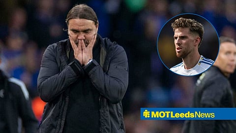 Leeds United head coach Daniel Farke looking upset and Anton Stach in action at Elland Road.