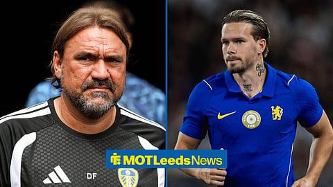 Daniel Farke pictured ahead of a Leeds game, with Mykhailo Mudryk playing for Chelsea on the left in a split image