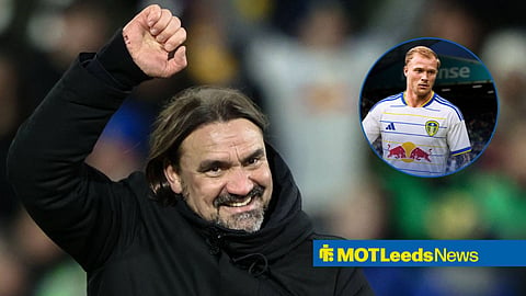 Melvin Bard in circular inset in Leeds kit with Daniel Farke smiling and fist pumping 