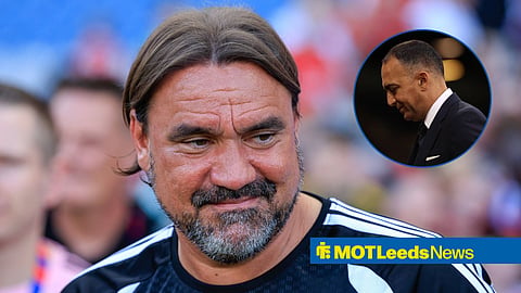 Daniel Farke smiling at Leeds United and Paraag Marathe in circular inset