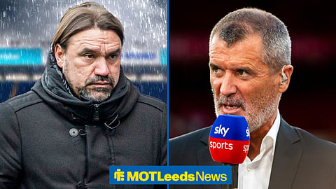 Daniel Farke with rain behind him, Roy Keane on Sky Sports duty in image split