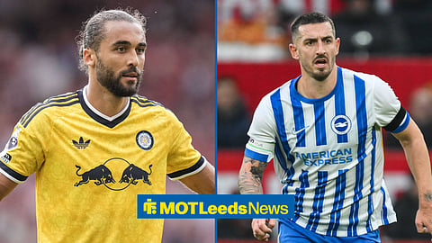 Dominic Calvert-Lewin in action for Leeds on the left, with Lewis Dunk playing for Brighton on the right