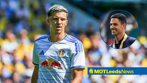 Tarik Muharemovic in action for Leeds with Mikel Arteta smiling in circular inset