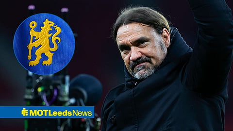 Daniel Farke celebrating at Leeds United towards a Chelsea badge