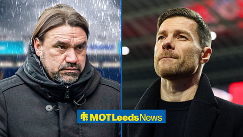 Daniel Farke looking sad outside of Leeds United's home, Elland Road. And Xabi Alonso, Chelsea FC head coach.