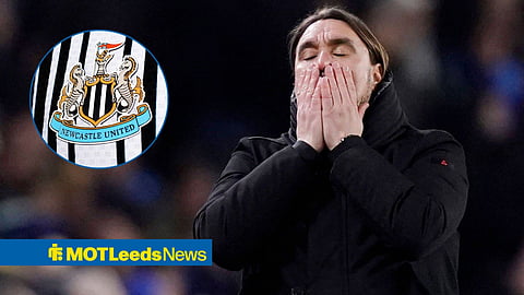 Daniel Farke disappointed next to a Newcastle United badge