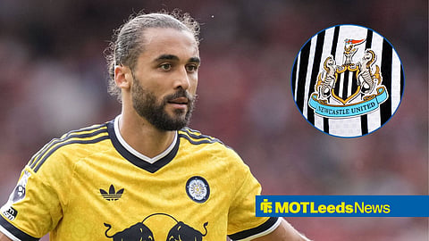 Dominic Calvert-Lewin playing for Leeds and a Newcastle United badge