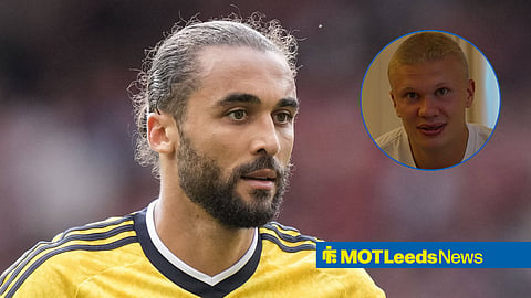 Leeds United striker Dominic Calvert-Lewin and Manchester City striker Erling Haaland in a circular inset.
