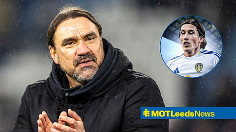 Daniel Farke applauding Leeds fans and Harry Wilson in circular inset