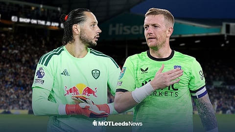 James Trafford in a Leeds United shirt and Jordan Pickford in his Everton jersey ahead of Elland Road.