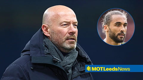 Main image of Alan Shearer and Leeds United striker Dominic Calvert-Lewin's face in a circular inset on the right
