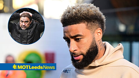 Jayden Bogle in a Leeds United training jumper and Daniel Farke ahead of Elland Road