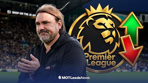 Leeds United manager Daniel Farke with a golden Premier League crest, trending up and down arrows and Elland Road in the background