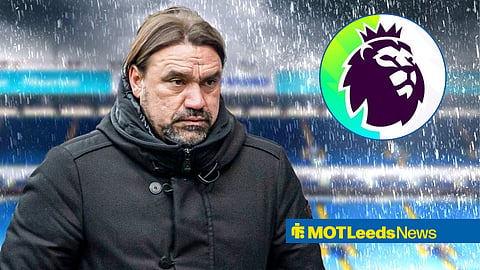 Leeds United manager Daniel Farke looking sad with Elland Road in the background and Premier League logo in a circular inset