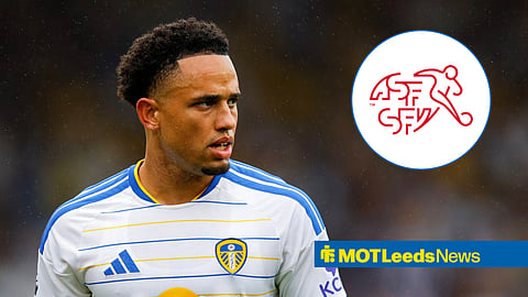 Leeds star Noah Okafor, Switzerland national team badge in inset