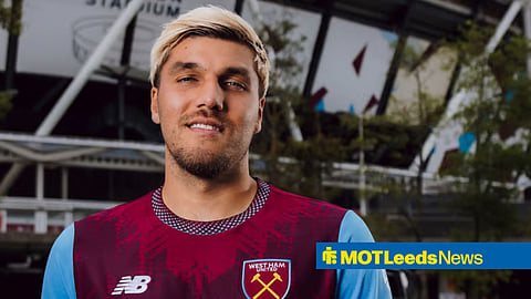 Leeds United's Joel Piroe posing as a new West Ham United player outside the London Stadium