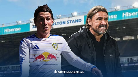 Harry Wilson in Leeds United home kit, Daniel Farke grimacing ahead of Elland Road