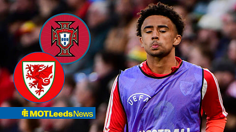 Leeds United's Jayden Lienou warming up for Wales with Portugal and Wales' international crests in circular insets