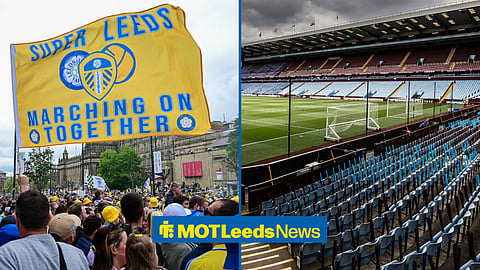Leeds United fans hold up a 'Marching on Together' banner on the left, while to the right is a general shot of an empty Villa Park