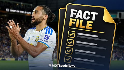 Leeds United's Dominic Calvert-Lewin with a fact file graphic and Elland Road in the background