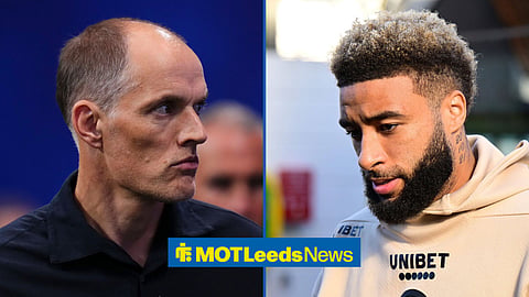 Thomas Tuchel at the World Cup for England and Jayden Bogle in Leeds United training jumper.