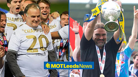 Marcelo Bielsa celebrating with Leeds United and Daniel Farke lifting the Championship trophy