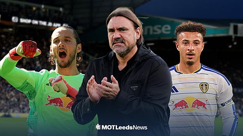 Daniel Farke applauds, with James Trafford and Ethan Ampadu either side of him and Elland Road in the background