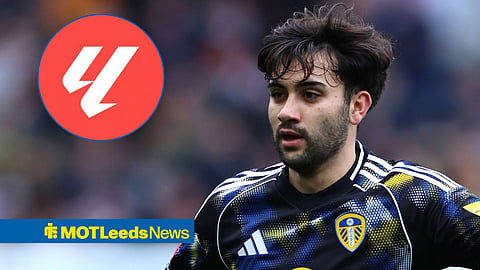 Facundo Buonanotte in action for Leeds United with La Liga's official logo in a circular inset