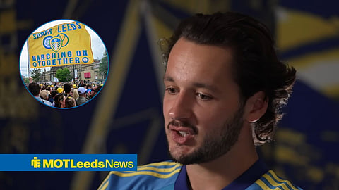 James Trafford speaking in an interview, with Leeds United fans holding a banner in a circular frame inset