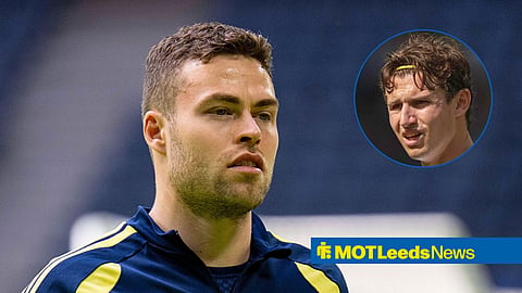 Main image of Leeds United defender Gabriel Gudmundsson and Brenden Aaronson's face in a circular inset on the right