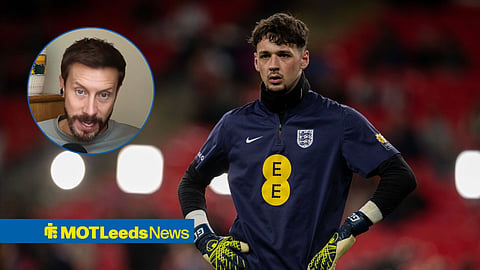 James Trafford warming up for England, with Sam Matterface in a circular frame inset