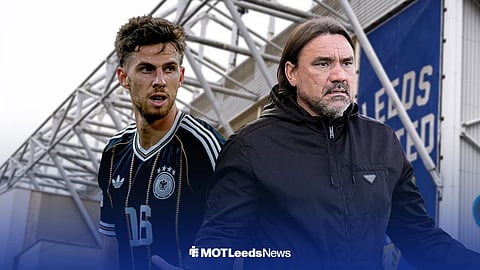 Anton Stach in a Germany jersey and Daniel Farke outside of Elland Road
