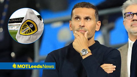 Khaldoon Al Mubarak at Manchester City looking towards a circle inset of Elland Road