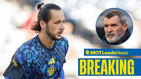 James Trafford in Leeds United training shirt and Roy Keane looking on while pitchside.