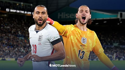Leeds United pair Dominic Calvert-Lewin and James Trafford wearing England shirts with Elland Road in the background