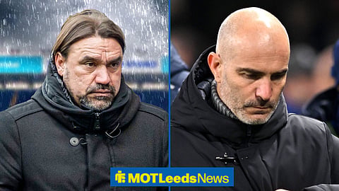 Daniel Farke puffing cheeks ahead of rainy background with Enzo Maresca looking down in dumps