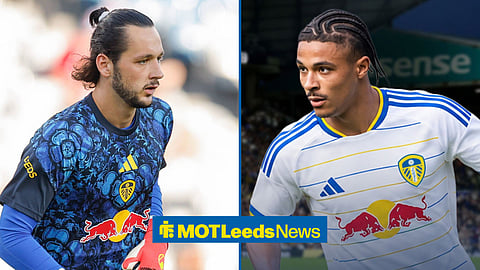 Jean-Matteo Bahoya in action for Leeds on the right, and James Trafford warming up for Leeds on the left in a split image