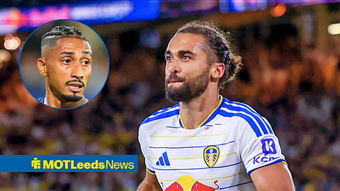 Main image of Dominic Calvert-Lewin playing for Leeds United, and Barcelona forward Raphinha's face in a circular inset on the left