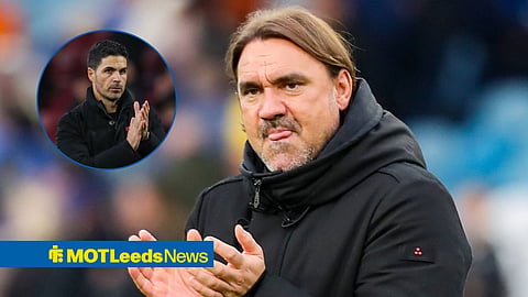 Daniel Farke applauding fans with Mikel Arteta in circular inset