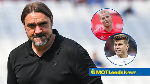 Leeds United manager Daniel Farke with Jaka Bijol representing Slovenia and Nico Elvedi representing Switzerland in circular insets