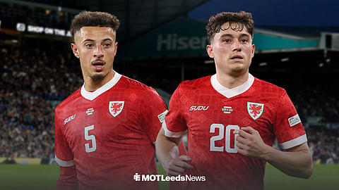 Leeds United pair Ethan Ampadu and Dan James in action for Wales with Elland Road in the background