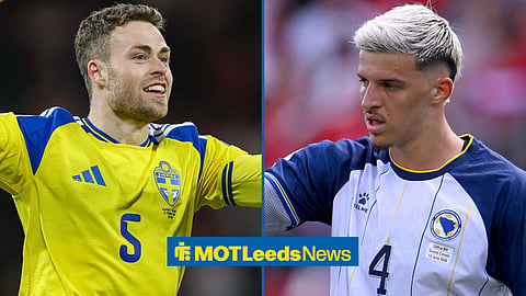 Leeds United duo Gabriel Gudmundsson and Tarik Muharemovic in action for Sweden and Bosnia