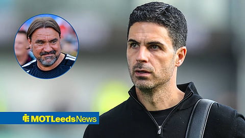 Mikel Arteta looking annoyed towards Daniel Farke looking pleased