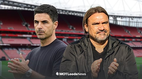 Mikel Arteta and Daniel Farke applauding side-by-side ahead of the Emirates Stadium